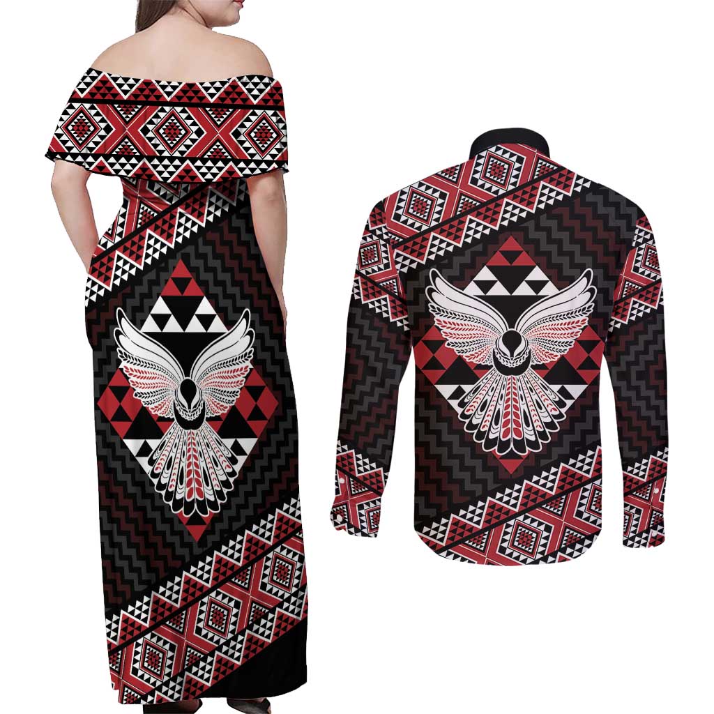 Taniko Aotearoa Couples Matching Off Shoulder Maxi Dress and Long Sleeve Button Shirt Poutama Mix Piwakawaka - Ver02