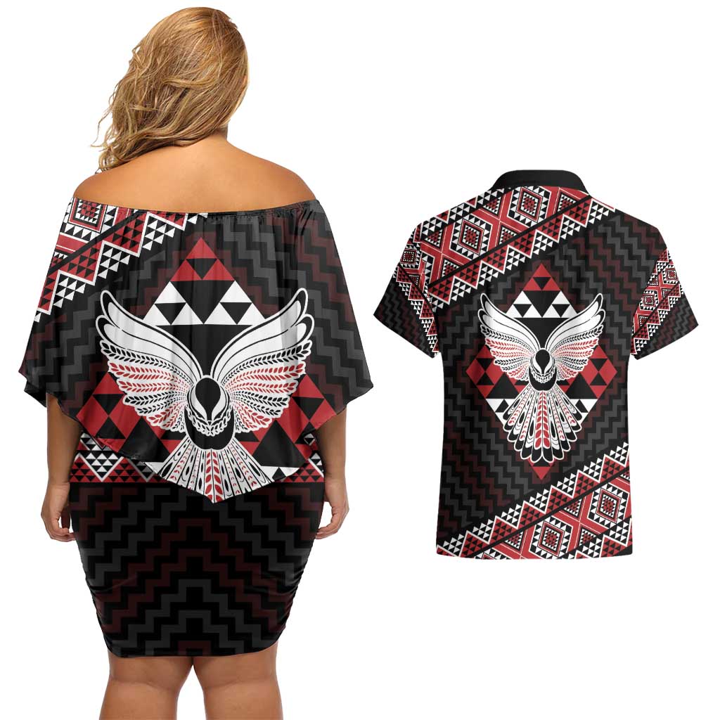 Taniko Aotearoa Couples Matching Off Shoulder Short Dress and Hawaiian Shirt Poutama Mix Piwakawaka - Ver02
