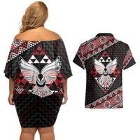 Taniko Aotearoa Couples Matching Off Shoulder Short Dress and Hawaiian Shirt Poutama Mix Piwakawaka - Ver02