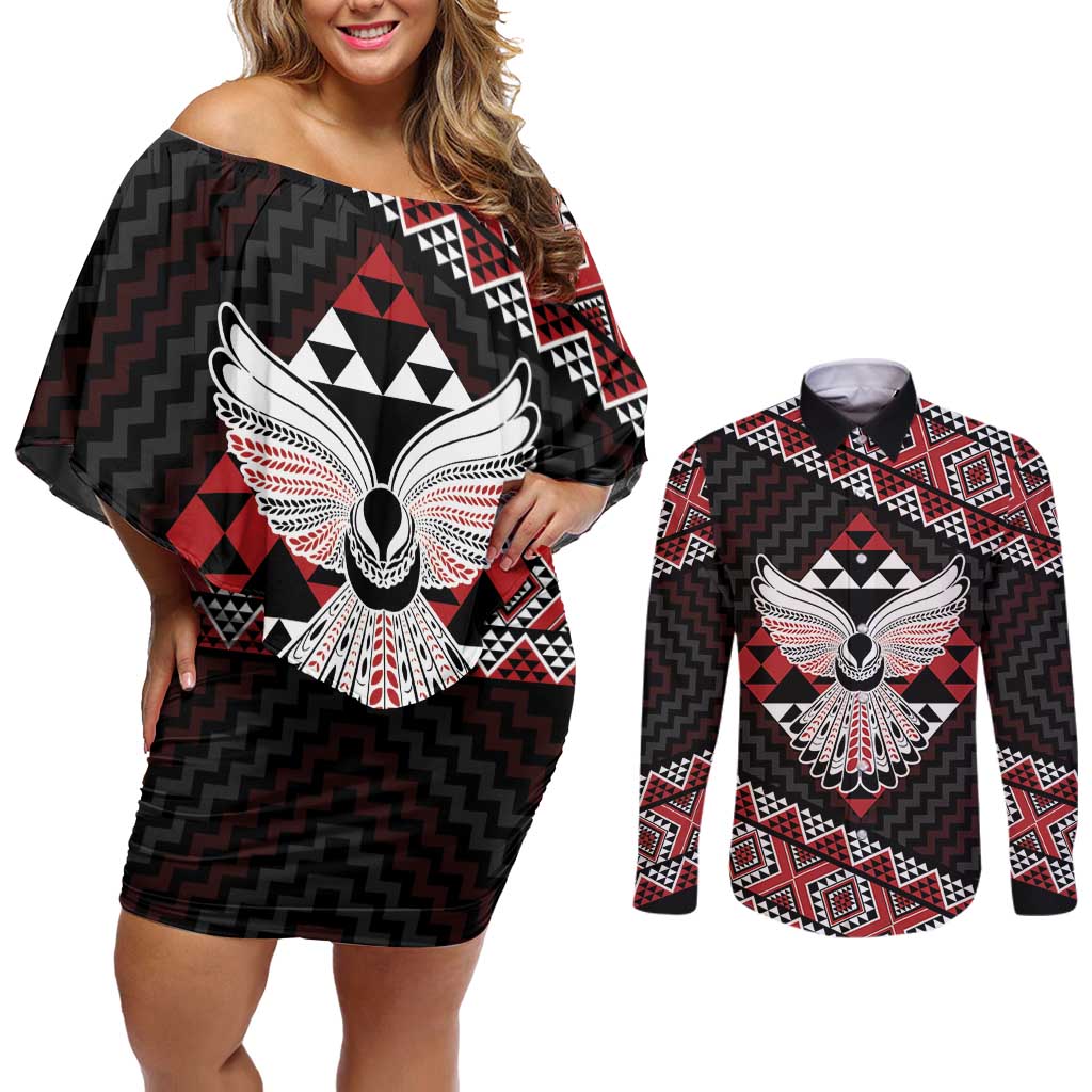 Taniko Aotearoa Couples Matching Off Shoulder Short Dress and Long Sleeve Button Shirt Poutama Mix Piwakawaka - Ver02