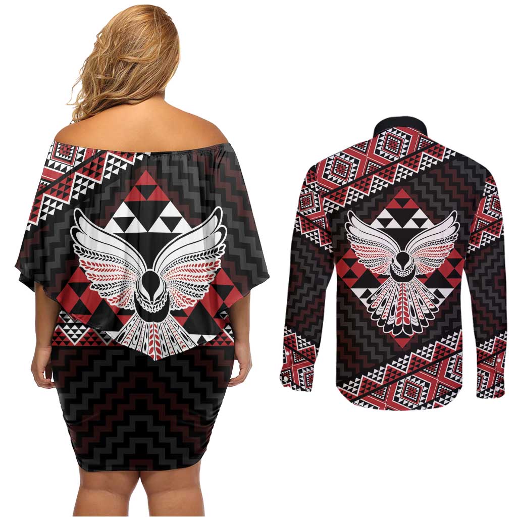 Taniko Aotearoa Couples Matching Off Shoulder Short Dress and Long Sleeve Button Shirt Poutama Mix Piwakawaka - Ver02