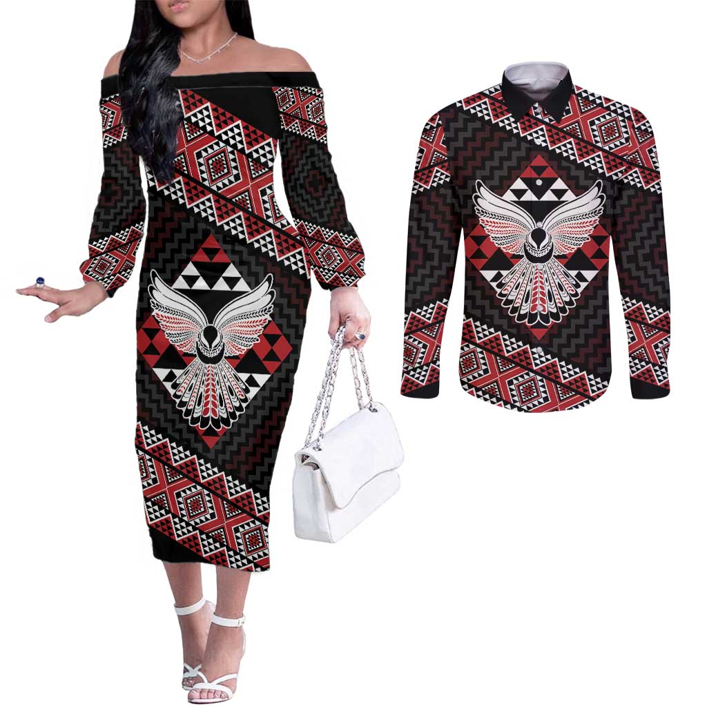 Taniko Aotearoa Couples Matching Off The Shoulder Long Sleeve Dress and Long Sleeve Button Shirt Poutama Mix Piwakawaka - Ver02
