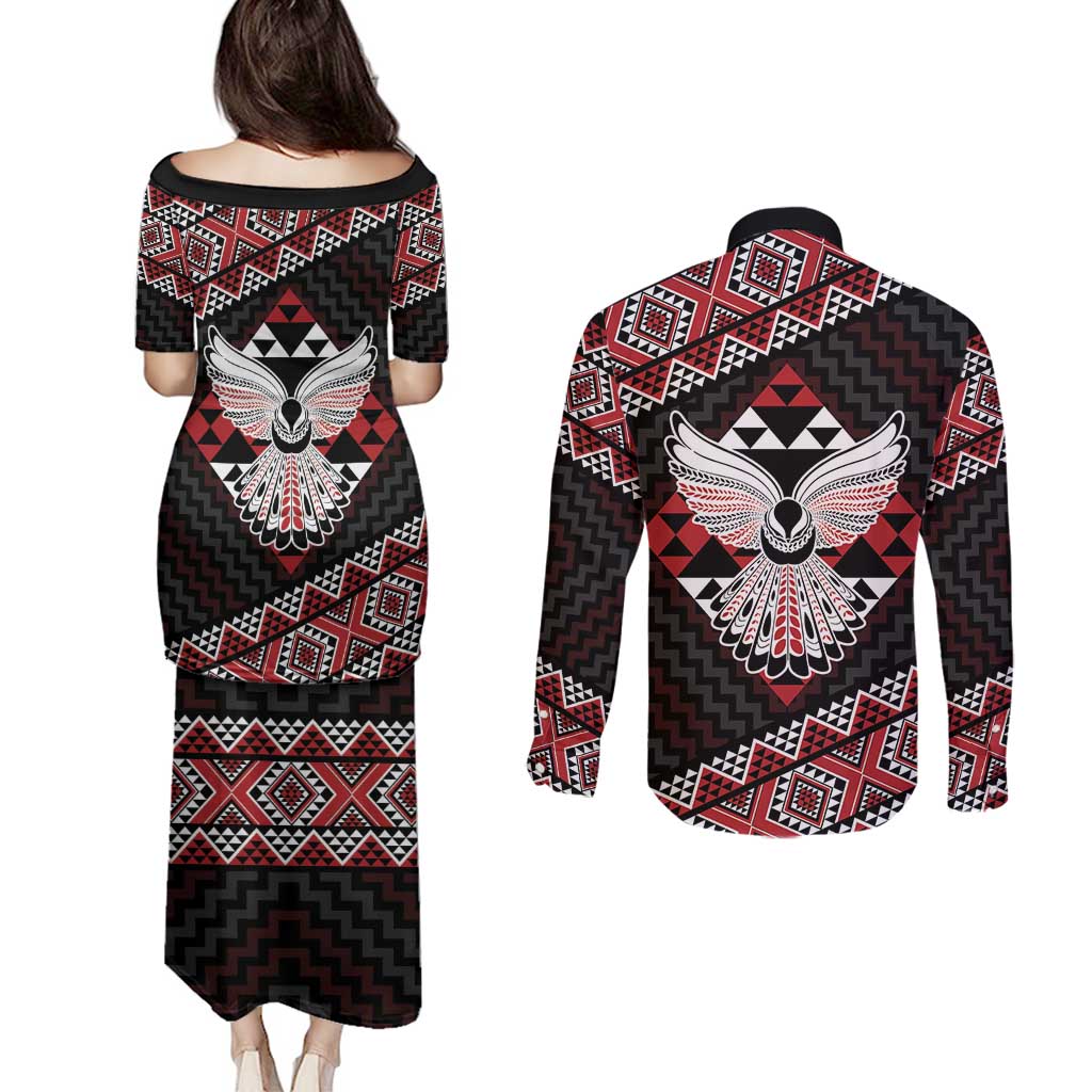 Taniko Aotearoa Couples Matching Puletasi and Long Sleeve Button Shirt Poutama Mix Piwakawaka - Ver02