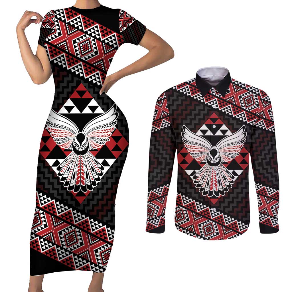 Taniko Aotearoa Couples Matching Short Sleeve Bodycon Dress and Long Sleeve Button Shirt Poutama Mix Piwakawaka - Ver02