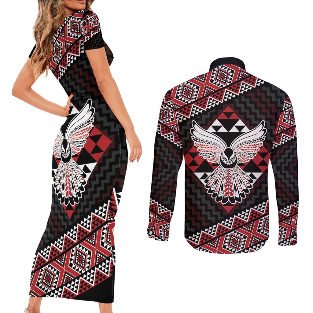 Taniko Aotearoa Couples Matching Short Sleeve Bodycon Dress and Long Sleeve Button Shirt Poutama Mix Piwakawaka - Ver02