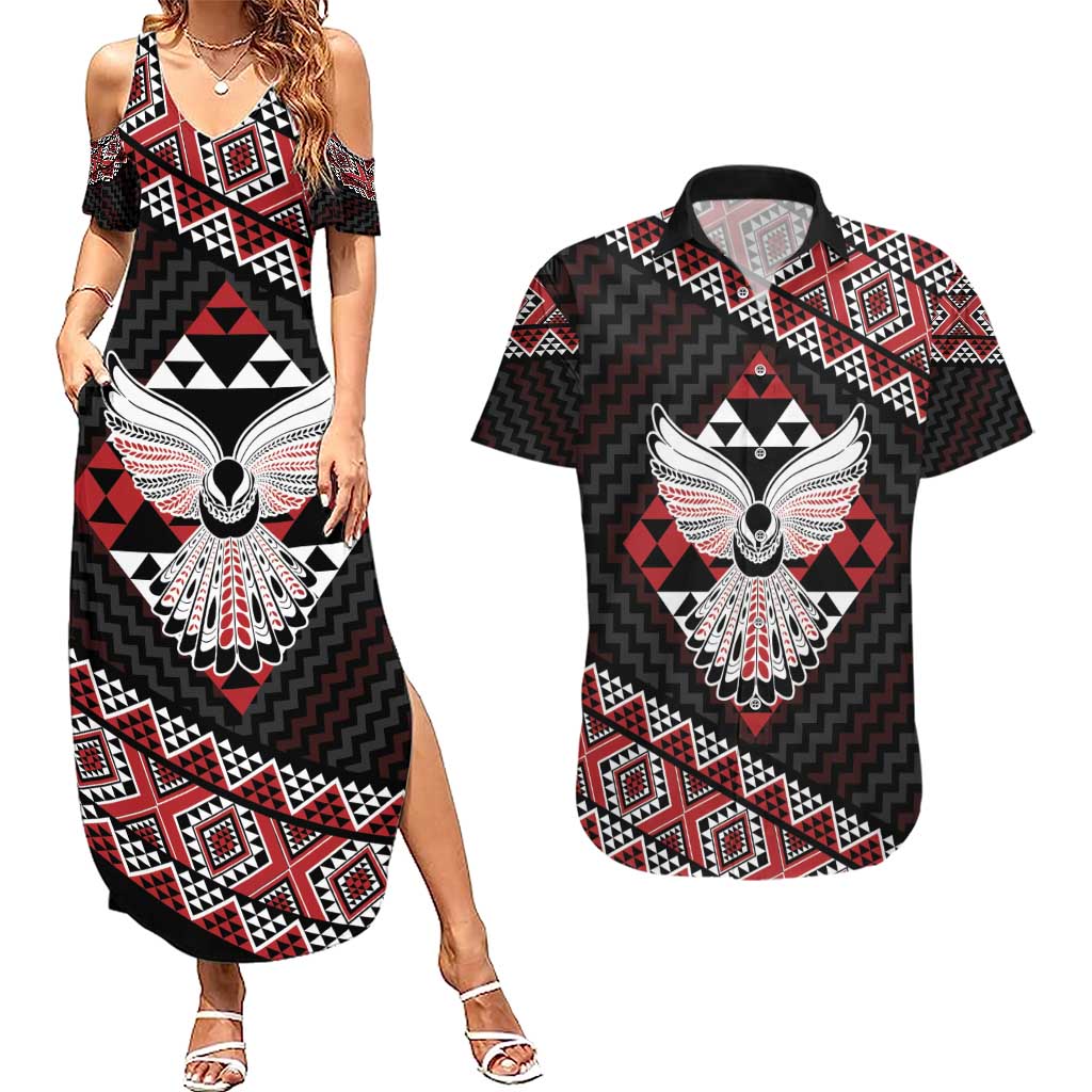 Taniko Aotearoa Couples Matching Summer Maxi Dress and Hawaiian Shirt Poutama Mix Piwakawaka - Ver02