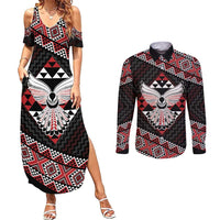 Taniko Aotearoa Couples Matching Summer Maxi Dress and Long Sleeve Button Shirt Poutama Mix Piwakawaka - Ver02
