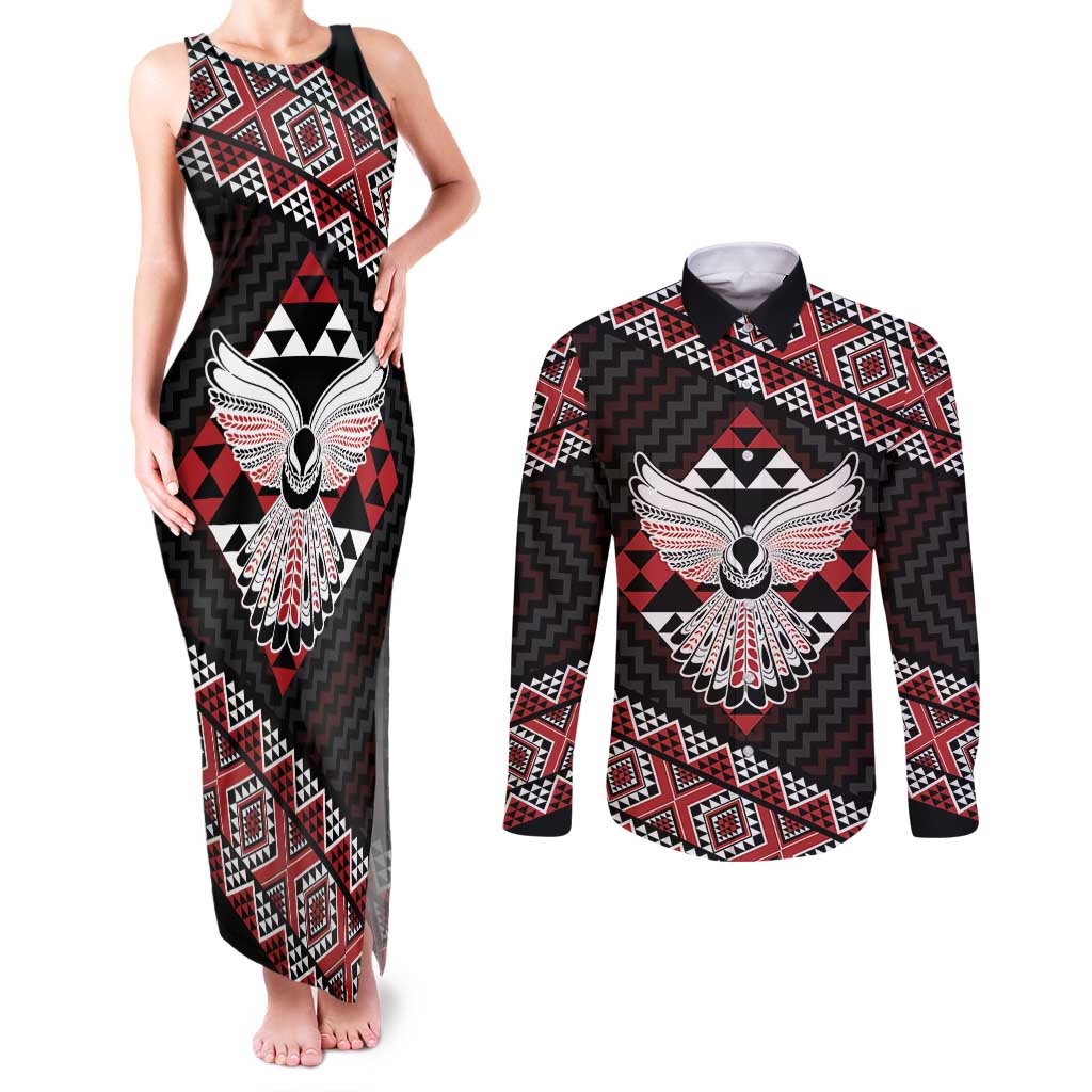Taniko Aotearoa Couples Matching Tank Maxi Dress and Long Sleeve Button Shirt Poutama Mix Piwakawaka - Ver02