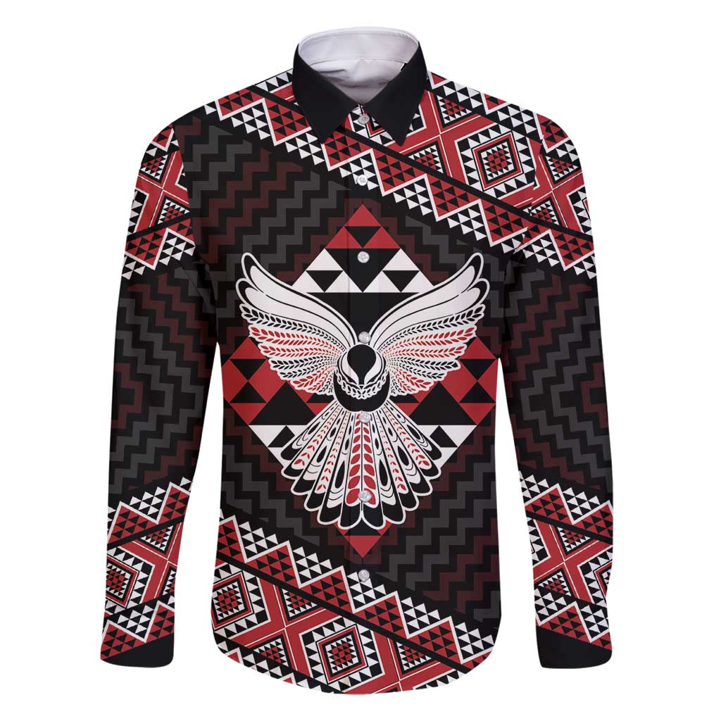 Taniko Aotearoa Family Matching Long Sleeve Bodycon Dress and Hawaiian Shirt Poutama Mix Piwakawaka - Ver02 LT7 Dad's Shirt - Long Sleeve Red - Polynesian Pride
