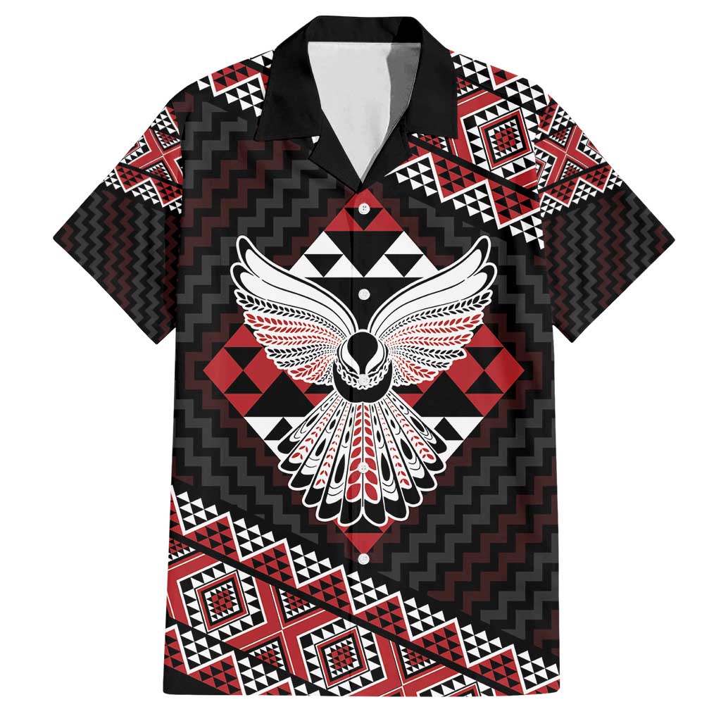 Taniko Aotearoa Family Matching Off Shoulder Maxi Dress and Hawaiian Shirt Poutama Mix Piwakawaka - Ver02 LT7 Dad's Shirt - Short Sleeve Red - Polynesian Pride