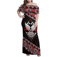 Taniko Aotearoa Family Matching Off Shoulder Maxi Dress and Hawaiian Shirt Poutama Mix Piwakawaka - Ver02 LT7 Mom's Dress Red - Polynesian Pride