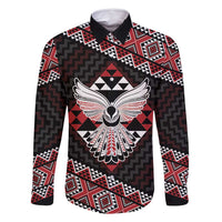 Taniko Aotearoa Family Matching Off Shoulder Short Dress and Hawaiian Shirt Poutama Mix Piwakawaka - Ver02 LT7 Dad's Shirt - Long Sleeve Red - Polynesian Pride