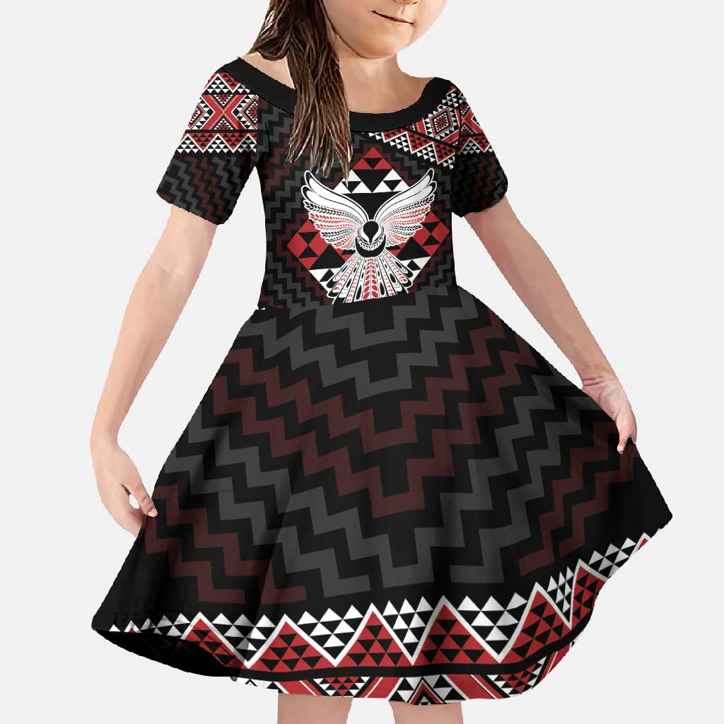 Taniko Aotearoa Family Matching Summer Maxi Dress and Hawaiian Shirt Poutama Mix Piwakawaka - Ver02 LT7 Daughter's Dress Red - Polynesian Pride