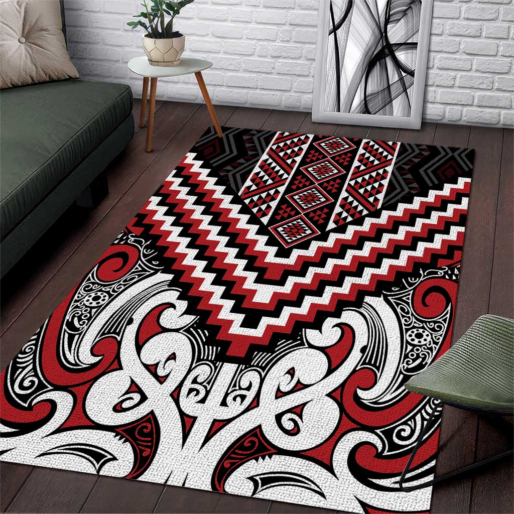 Maori Tukutuku Taniko Motifs Area Rug Red Poutama Mix Kowhaiwhai