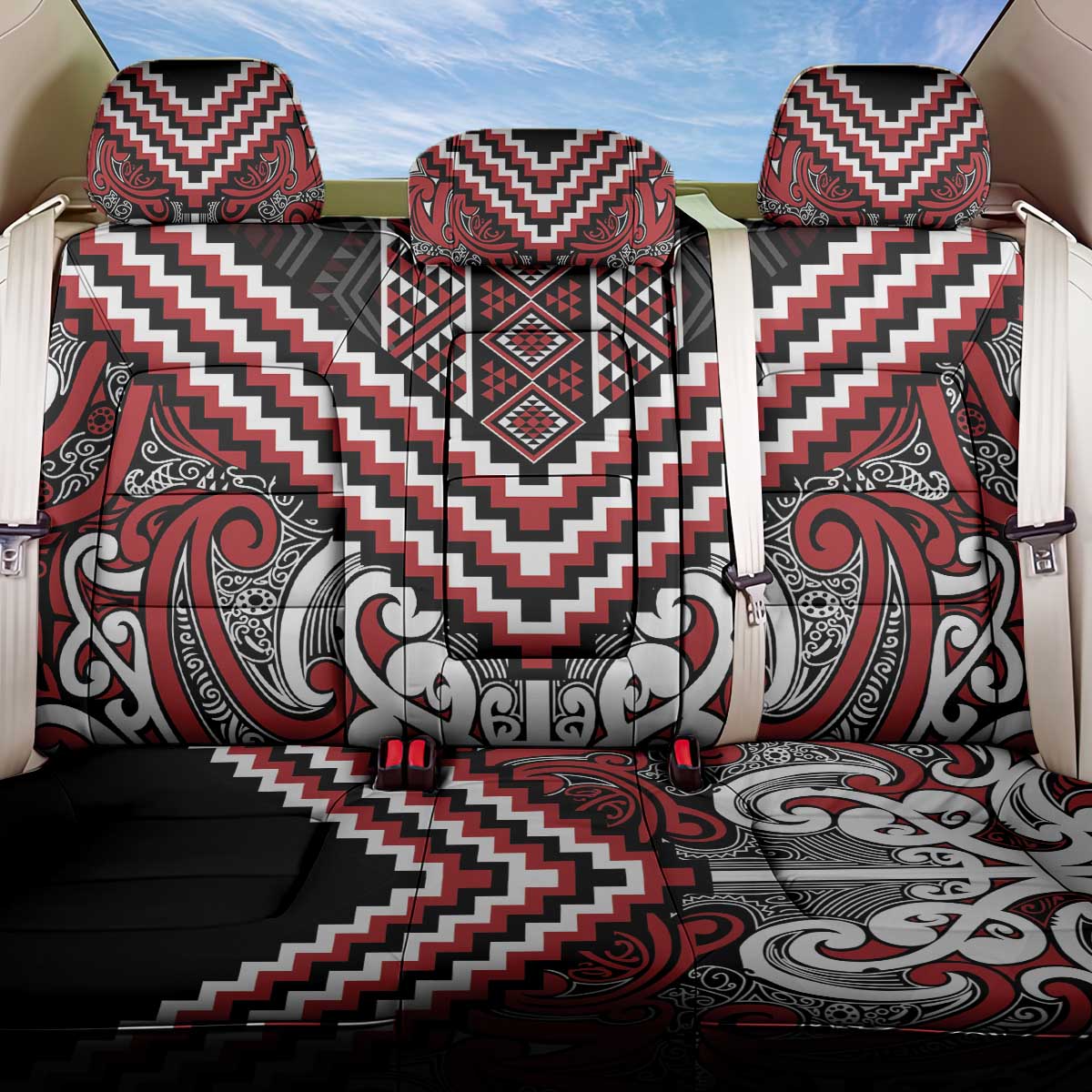 Maori Tukutuku Taniko Motifs Back Car Seat Cover Red Poutama Mix Kowhaiwhai