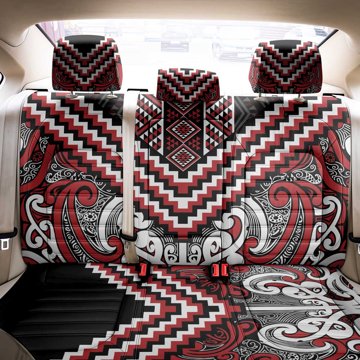 Maori Tukutuku Taniko Motifs Back Car Seat Cover Red Poutama Mix Kowhaiwhai