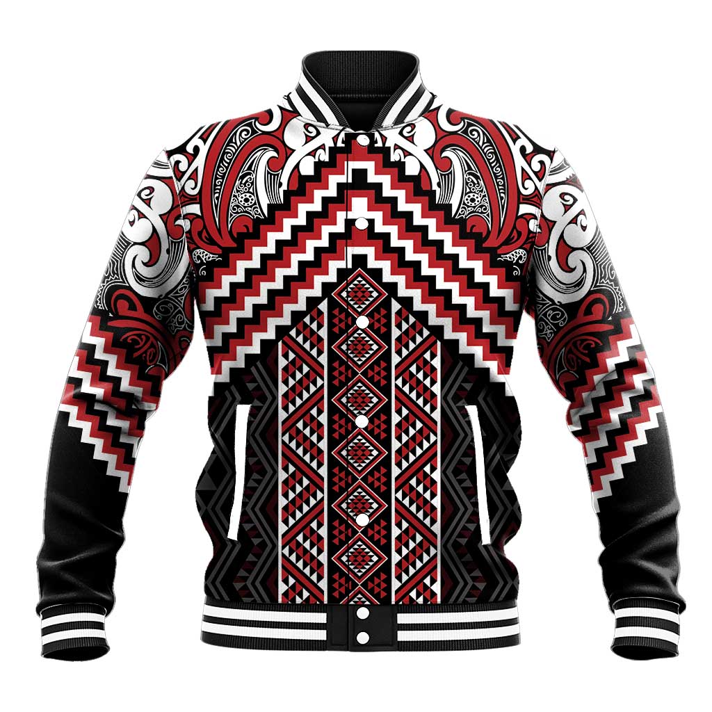 Maori Tukutuku Taniko Motifs Baseball Jacket Red Poutama Mix Kowhaiwhai LT7 Unisex Red - Polynesian Pride
