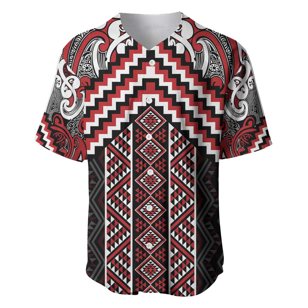 Maori Tukutuku Taniko Motifs Baseball Jersey Red Poutama Mix Kowhaiwhai LT7 Red - Polynesian Pride