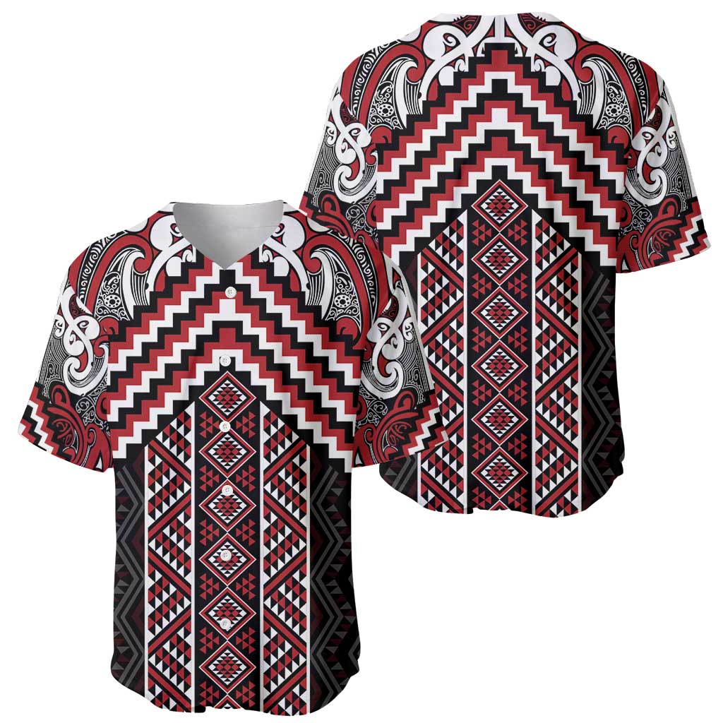 Maori Tukutuku Taniko Motifs Baseball Jersey Red Poutama Mix Kowhaiwhai LT7 - Polynesian Pride