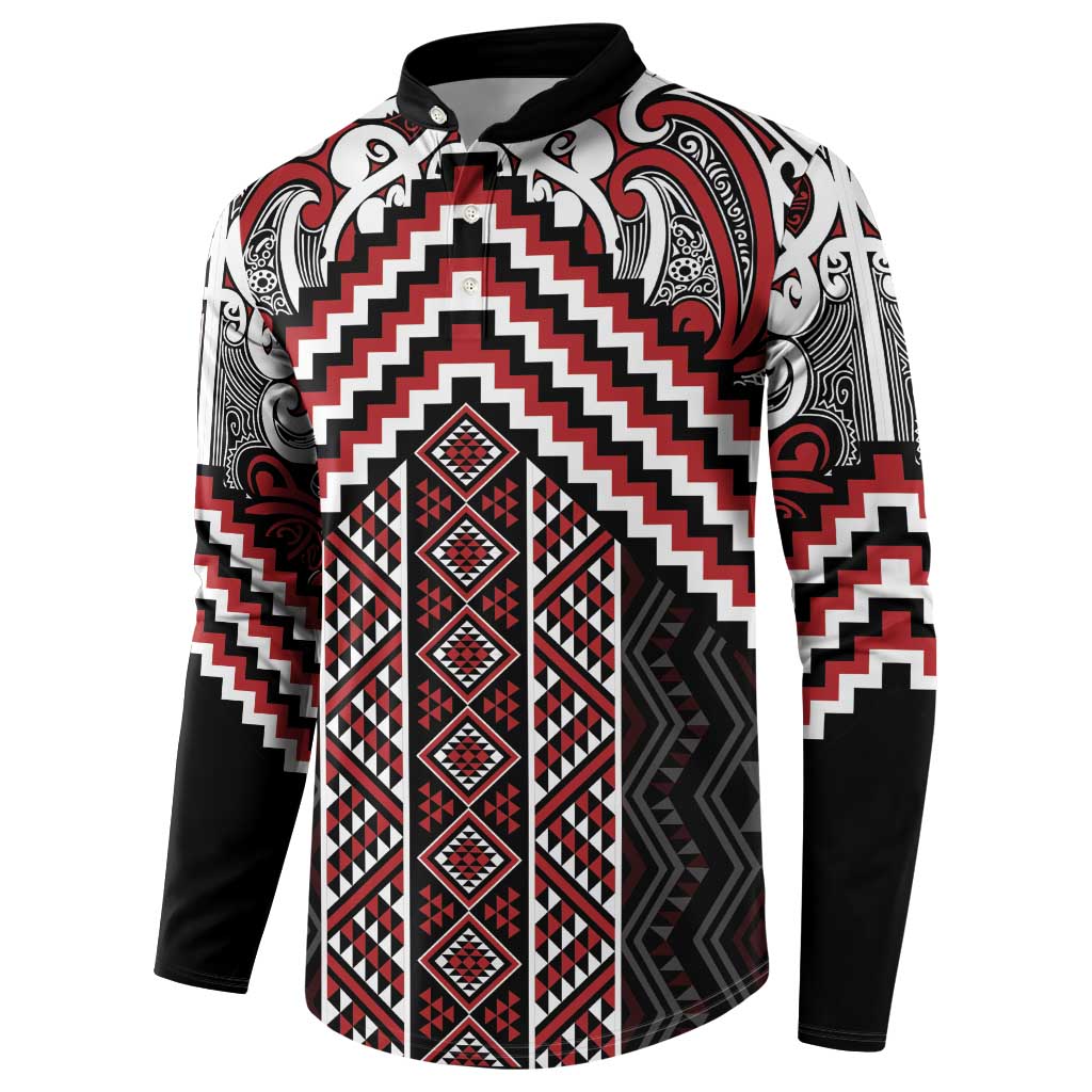Maori Tukutuku Taniko Motifs Button Sweatshirt Red Poutama Mix Kowhaiwhai