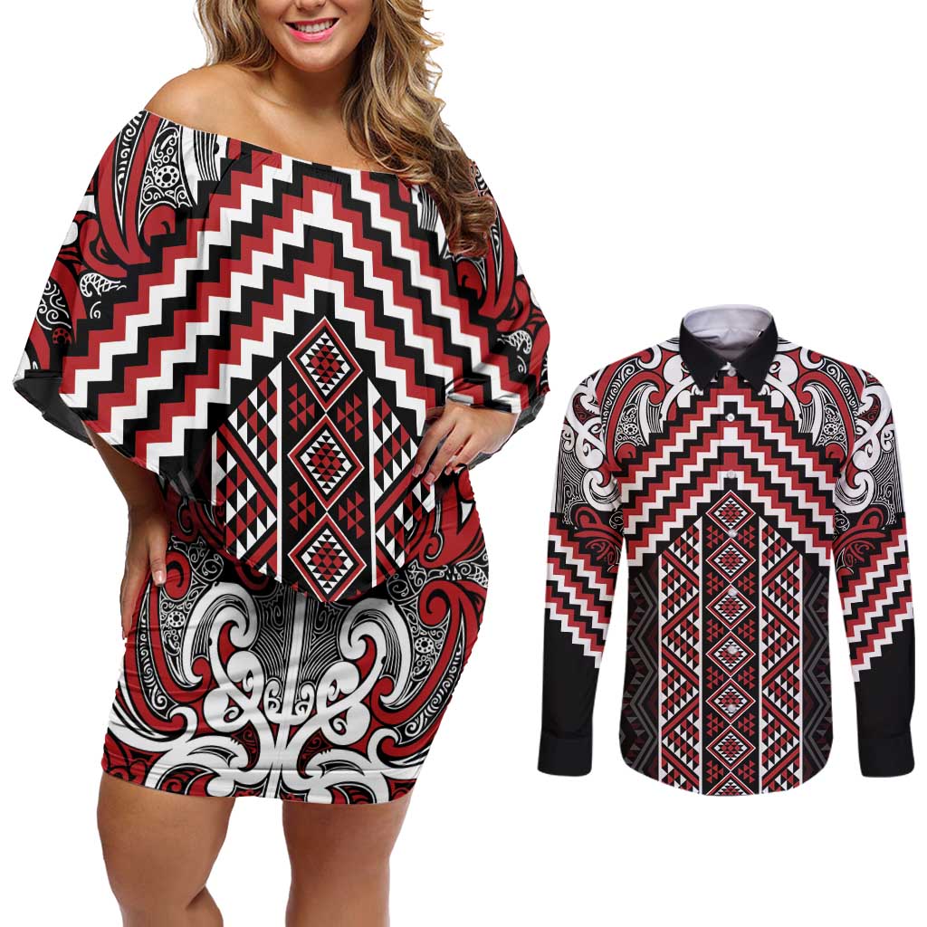 Maori Tukutuku Taniko Motifs Couples Matching Off Shoulder Short Dress and Long Sleeve Button Shirt Red Poutama Mix Kowhaiwhai