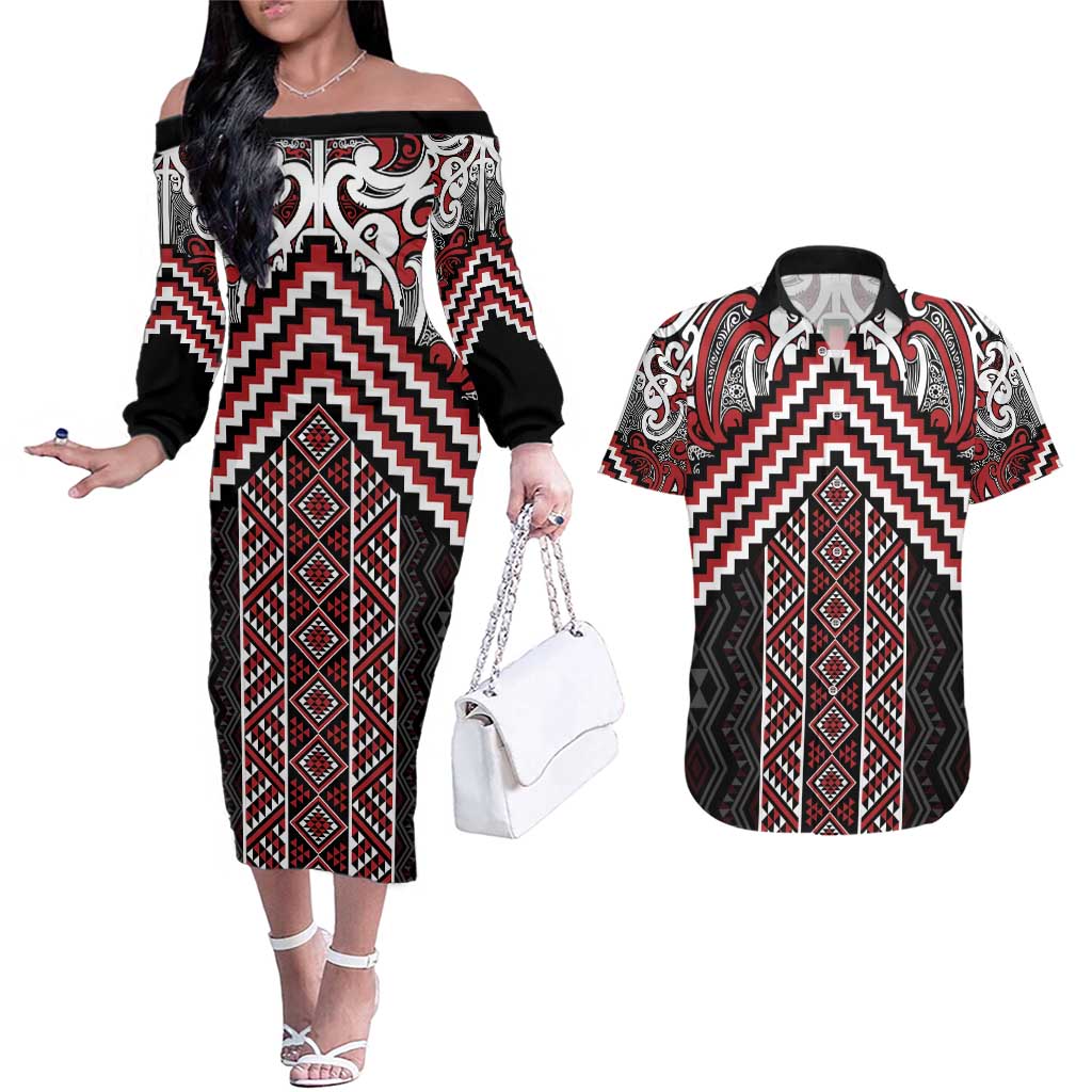 Maori Tukutuku Taniko Motifs Couples Matching Off The Shoulder Long Sleeve Dress and Hawaiian Shirt Red Poutama Mix Kowhaiwhai