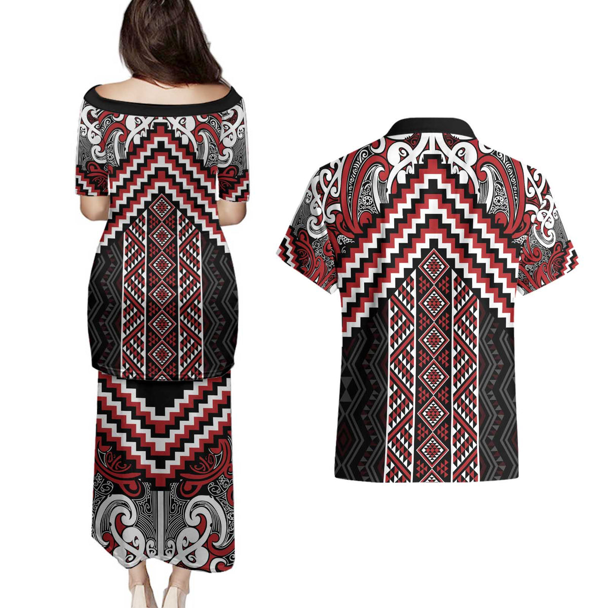 Maori Tukutuku Taniko Motifs Couples Matching Puletasi and Hawaiian Shirt Red Poutama Mix Kowhaiwhai