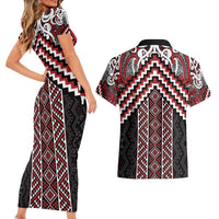 Maori Tukutuku Taniko Motifs Couples Matching Short Sleeve Bodycon Dress and Hawaiian Shirt Red Poutama Mix Kowhaiwhai LT7 - Polynesian Pride