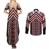 Maori Tukutuku Taniko Motifs Couples Matching Summer Maxi Dress and Long Sleeve Button Shirt Red Poutama Mix Kowhaiwhai