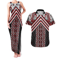 Maori Tukutuku Taniko Motifs Couples Matching Tank Maxi Dress and Hawaiian Shirt Red Poutama Mix Kowhaiwhai LT7 Red - Polynesian Pride
