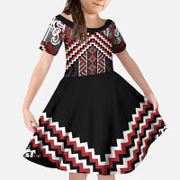 Maori Tukutuku Taniko Motifs Family Matching Long Sleeve Bodycon Dress and Hawaiian Shirt Red Poutama Mix Kowhaiwhai LT7 Daughter's Dress Red - Polynesian Pride