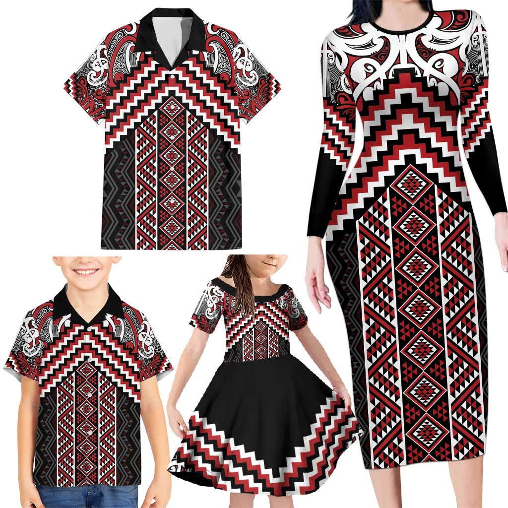 Maori Tukutuku Taniko Motifs Family Matching Long Sleeve Bodycon Dress and Hawaiian Shirt Red Poutama Mix Kowhaiwhai LT7 - Polynesian Pride