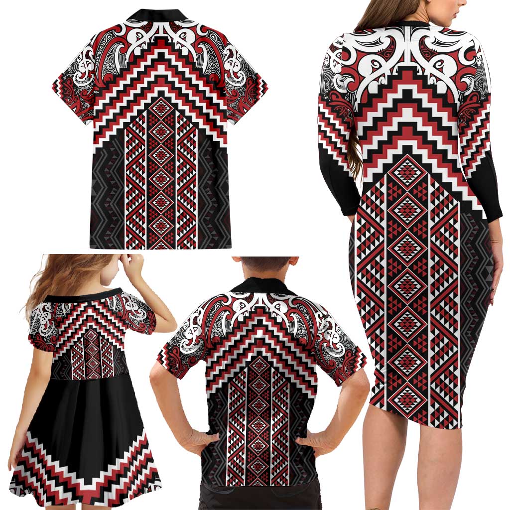 Maori Tukutuku Taniko Motifs Family Matching Long Sleeve Bodycon Dress and Hawaiian Shirt Red Poutama Mix Kowhaiwhai LT7 - Polynesian Pride