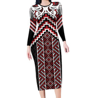 Maori Tukutuku Taniko Motifs Family Matching Long Sleeve Bodycon Dress and Hawaiian Shirt Red Poutama Mix Kowhaiwhai LT7 Mom's Dress Red - Polynesian Pride