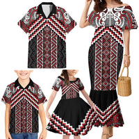 Maori Tukutuku Taniko Motifs Family Matching Mermaid Dress and Hawaiian Shirt Red Poutama Mix Kowhaiwhai LT7 - Polynesian Pride