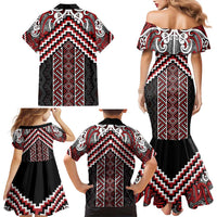 Maori Tukutuku Taniko Motifs Family Matching Mermaid Dress and Hawaiian Shirt Red Poutama Mix Kowhaiwhai LT7 - Polynesian Pride