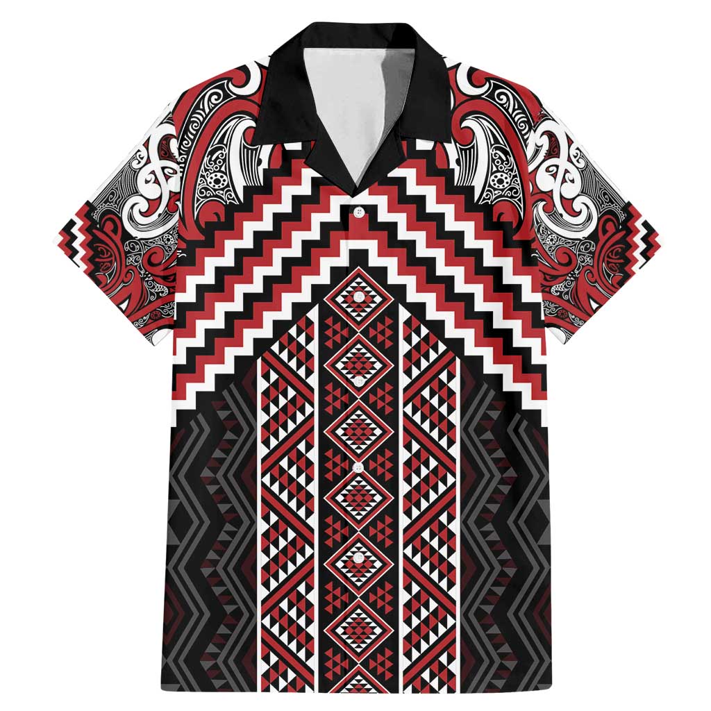 Maori Tukutuku Taniko Motifs Family Matching Mermaid Dress and Hawaiian Shirt Red Poutama Mix Kowhaiwhai LT7 Dad's Shirt - Short Sleeve Red - Polynesian Pride