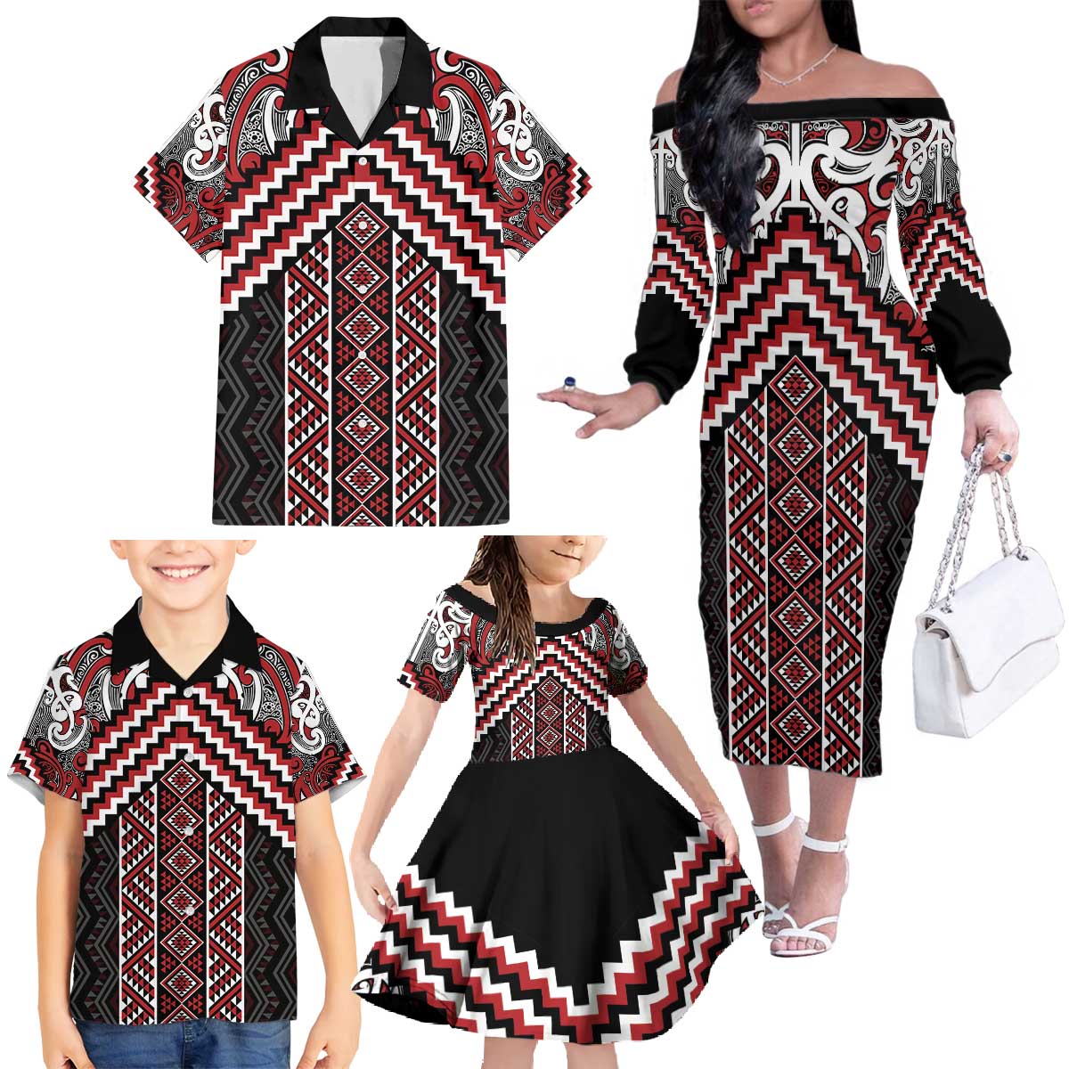 Maori Tukutuku Taniko Motifs Family Matching Off The Shoulder Long Sleeve Dress and Hawaiian Shirt Red Poutama Mix Kowhaiwhai