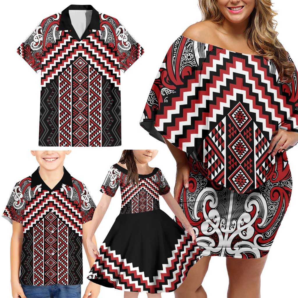 Maori Tukutuku Taniko Motifs Family Matching Off Shoulder Short Dress and Hawaiian Shirt Red Poutama Mix Kowhaiwhai LT7 - Polynesian Pride