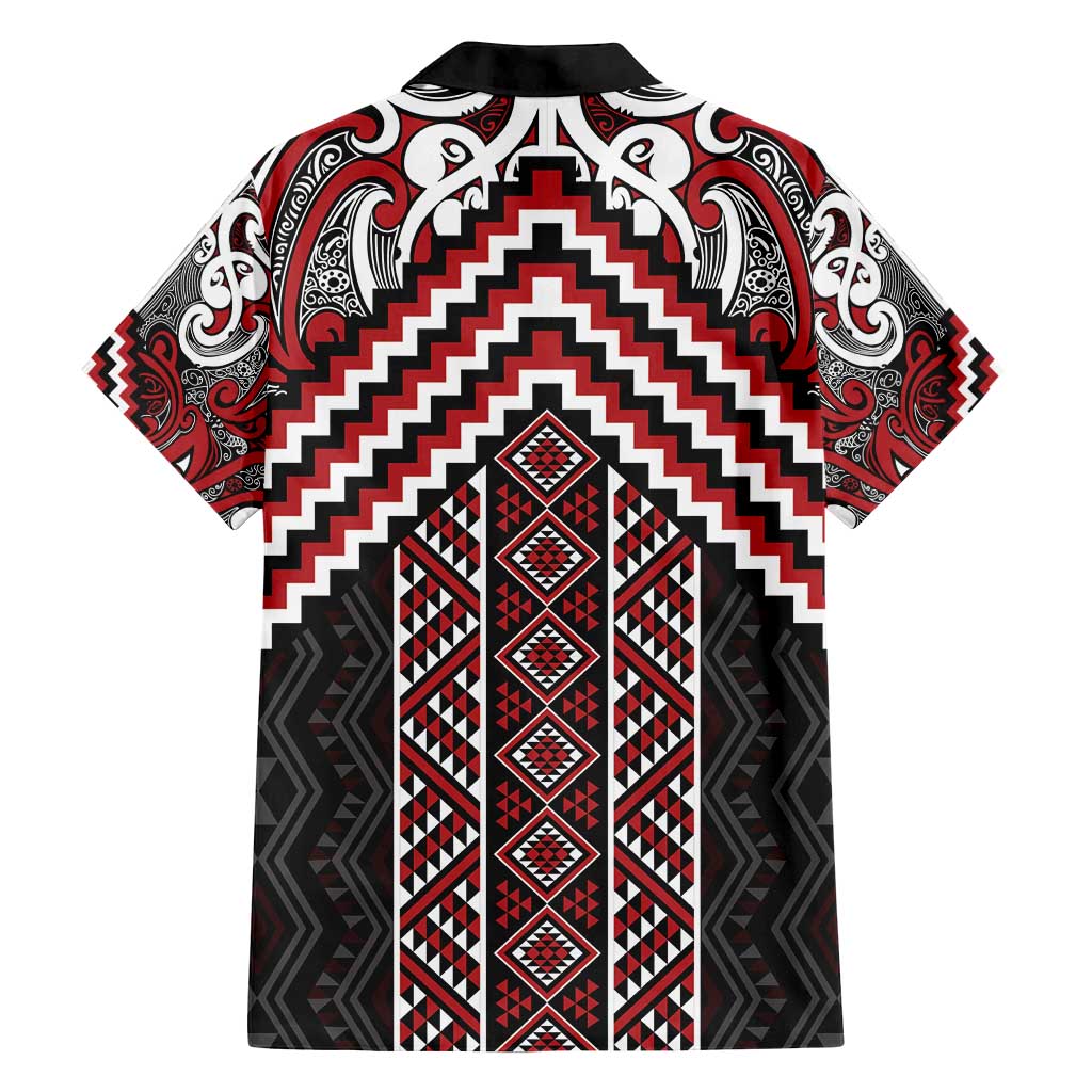 Maori Tukutuku Taniko Motifs Family Matching Off Shoulder Short Dress and Hawaiian Shirt Red Poutama Mix Kowhaiwhai LT7 - Polynesian Pride