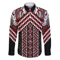 Maori Tukutuku Taniko Motifs Family Matching Off Shoulder Short Dress and Hawaiian Shirt Red Poutama Mix Kowhaiwhai LT7 Dad's Shirt - Long Sleeve Red - Polynesian Pride