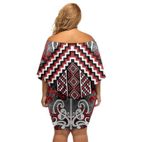 Maori Tukutuku Taniko Motifs Family Matching Off Shoulder Short Dress and Hawaiian Shirt Red Poutama Mix Kowhaiwhai LT7 - Polynesian Pride