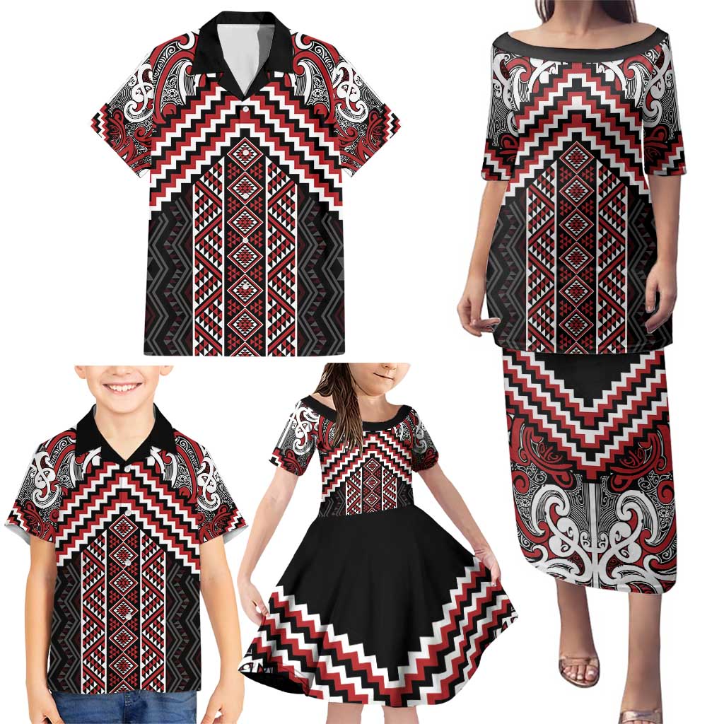 Maori Tukutuku Taniko Motifs Family Matching Puletasi and Hawaiian Shirt Red Poutama Mix Kowhaiwhai LT7 - Polynesian Pride