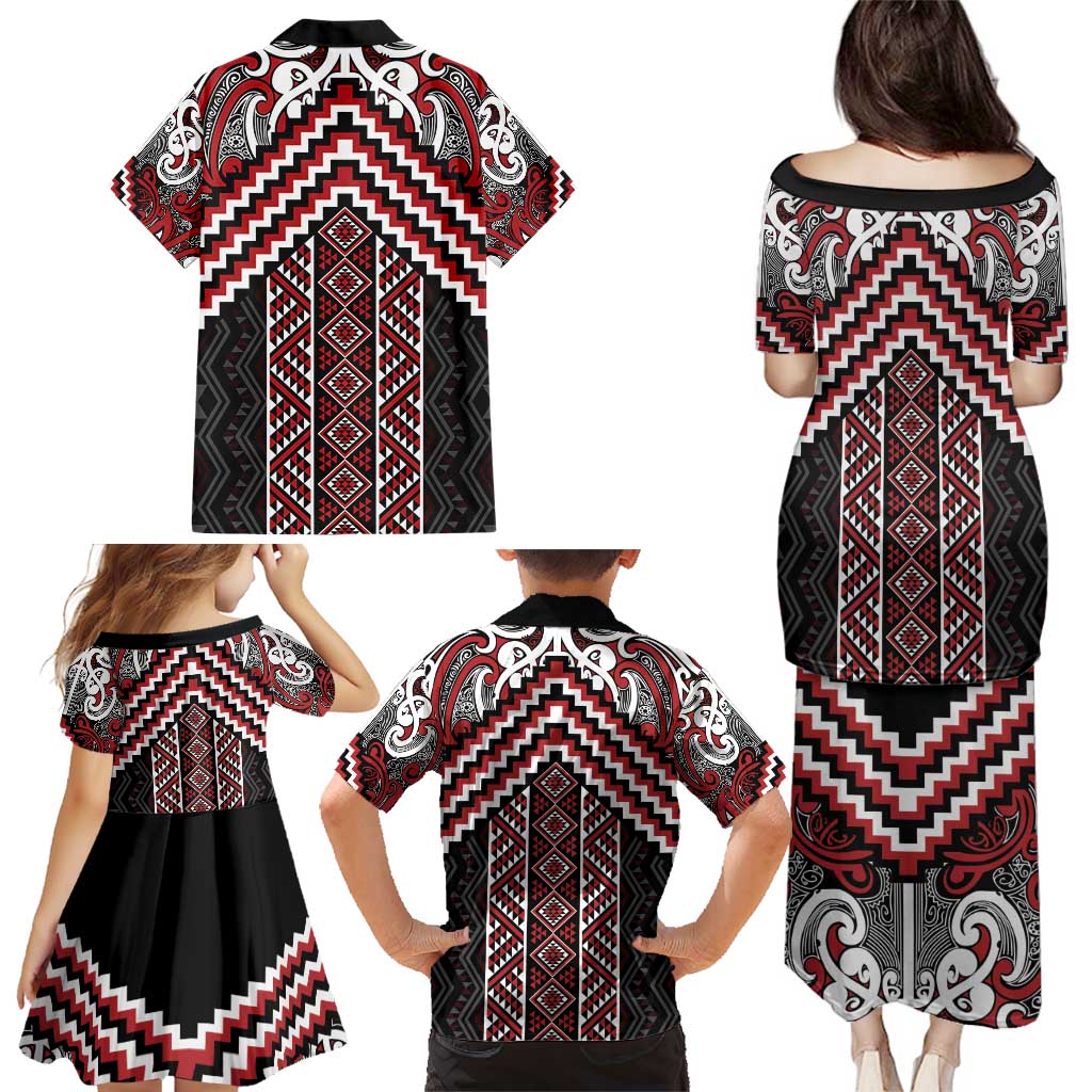 Maori Tukutuku Taniko Motifs Family Matching Puletasi and Hawaiian Shirt Red Poutama Mix Kowhaiwhai LT7 - Polynesian Pride