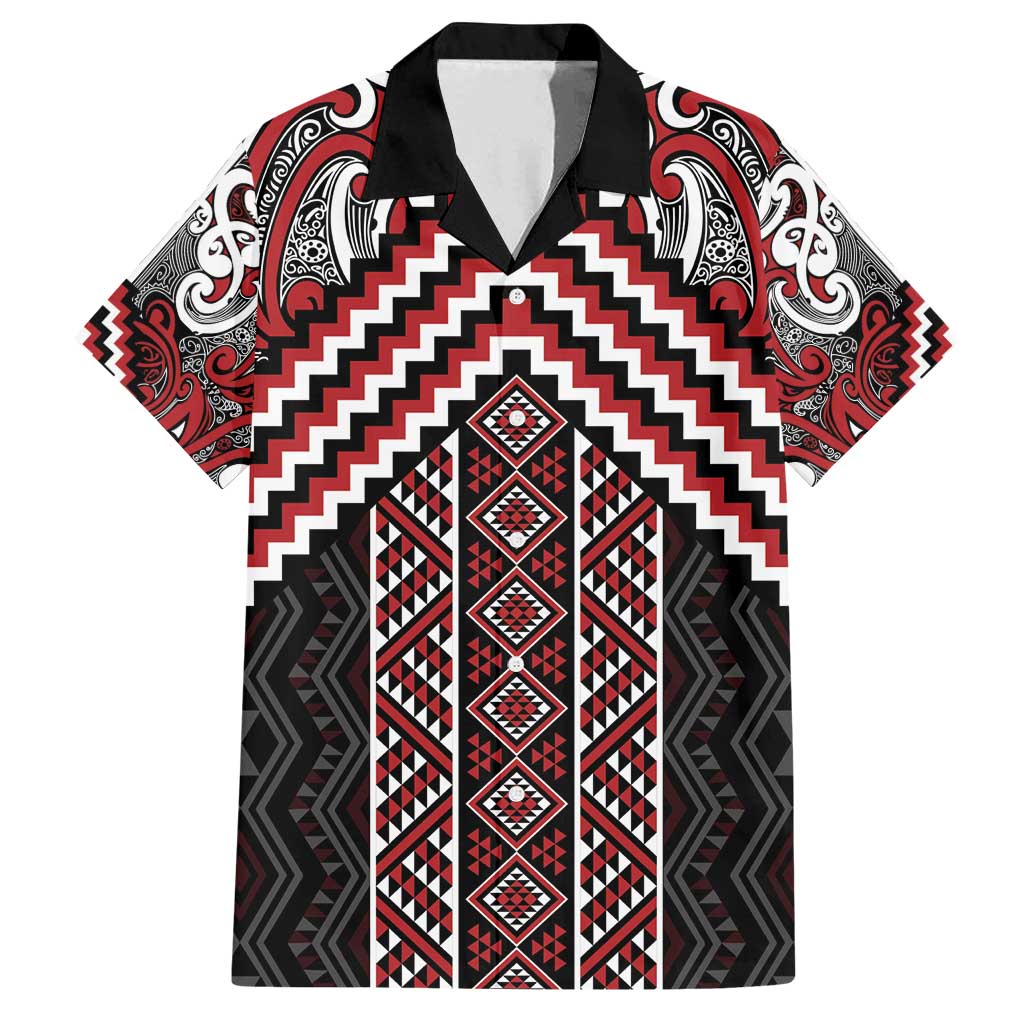 Maori Tukutuku Taniko Motifs Family Matching Puletasi and Hawaiian Shirt Red Poutama Mix Kowhaiwhai LT7 Dad's Shirt - Short Sleeve Red - Polynesian Pride