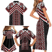 Maori Tukutuku Taniko Motifs Family Matching Short Sleeve Bodycon Dress and Hawaiian Shirt Red Poutama Mix Kowhaiwhai LT7 - Polynesian Pride