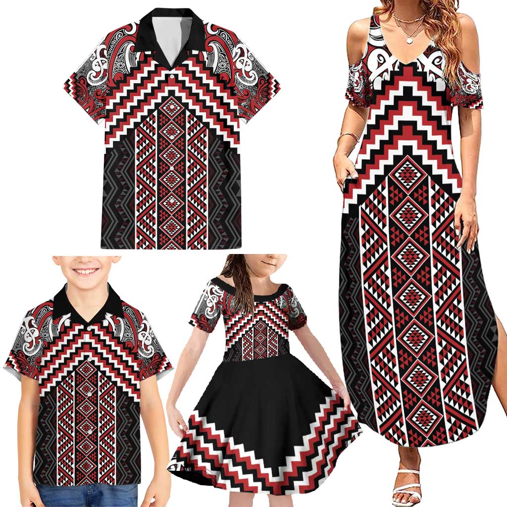 Maori Tukutuku Taniko Motifs Family Matching Summer Maxi Dress and Hawaiian Shirt Red Poutama Mix Kowhaiwhai LT7 - Polynesian Pride