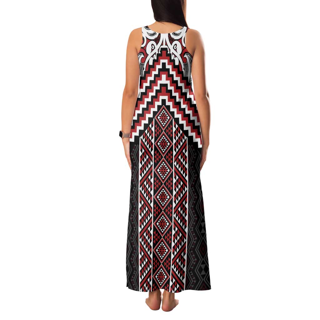 Maori Tukutuku Taniko Motifs Family Matching Tank Maxi Dress and Hawaiian Shirt Red Poutama Mix Kowhaiwhai LT7 - Polynesian Pride