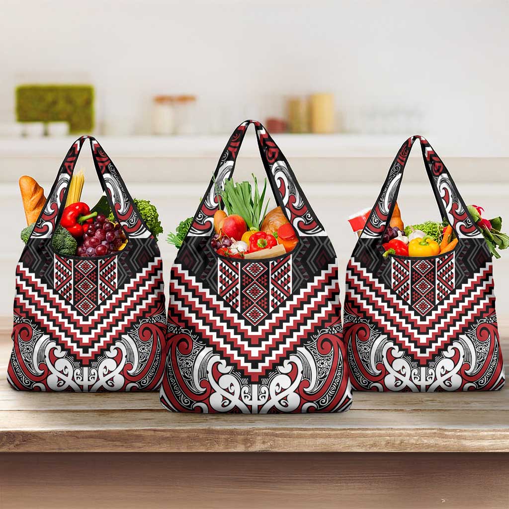Maori Tukutuku Taniko Motifs Grocery Bag Red Poutama Mix Kowhaiwhai