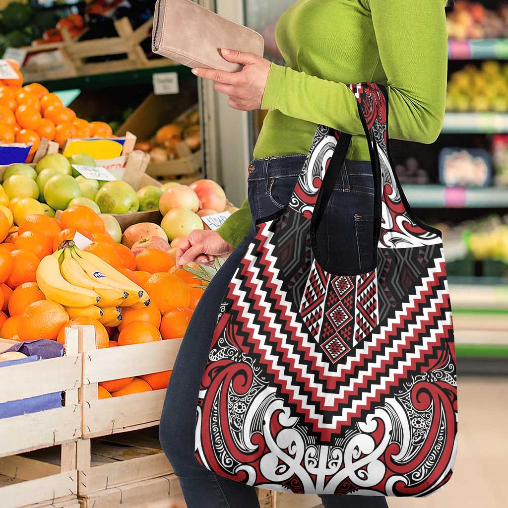 Maori Tukutuku Taniko Motifs Grocery Bag Red Poutama Mix Kowhaiwhai